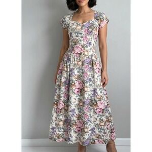 Vintage Floral Maxi Dress Sweetheart Neck Cap Sleeve Cottagecore Pink Purple